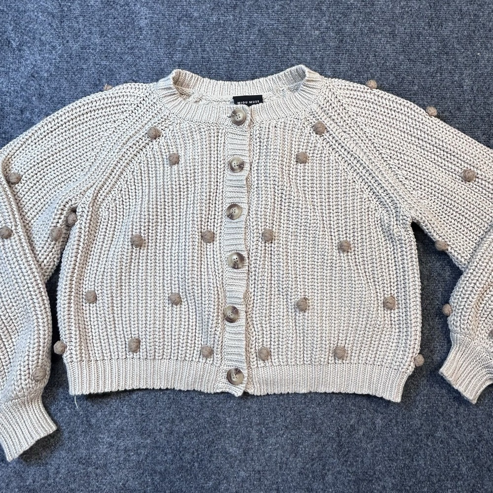Miou Muse Crop Knotted Cardigan Tan Beige Chunky Bobble Pom Pom MMJ1129 S